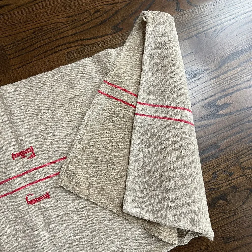 Stunning Red Tan Organic Fabric Hemp Antique French Grainsack Linen